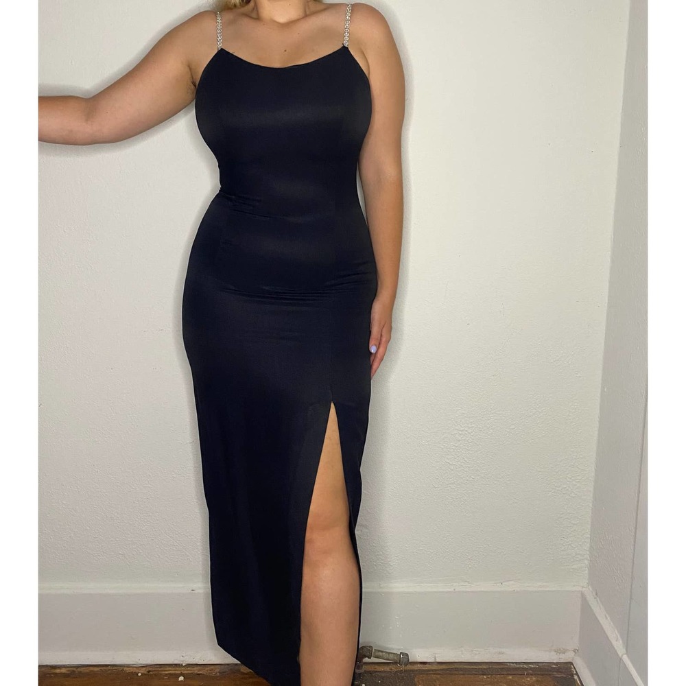 Gunnie Sax Black Tight Midi Dress with Front Leg Slit & Rhinestone Straps 9/10
